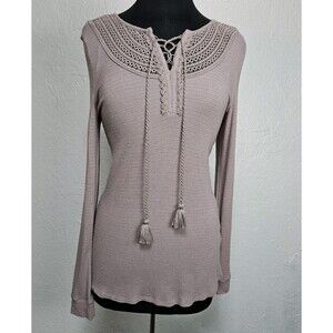 Women L Henley Lace Up Whimsigoth Boho Fairy Crochet Top Long Sleeve Tassels